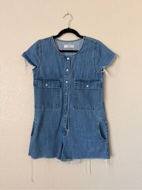 Pull & Bear Light Blue Denim Button-Up Shorts Romper